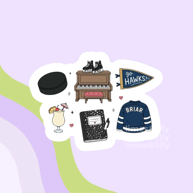 Collection of stickers including a hockey puck, piano, flag, notebook, and jacket on a light purple background.