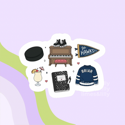 Collection of stickers including a hockey puck, piano, flag, notebook, and jacket on a light purple background.
