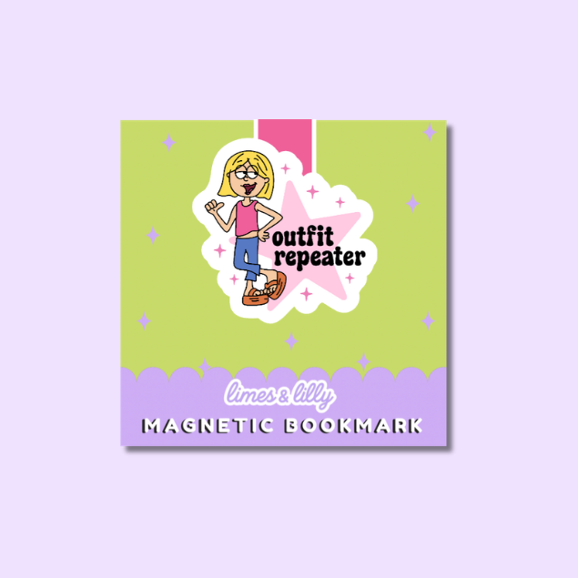 A square magnetic bookmark card shown on a light lavender background. The card features a cartoon girl with blonde hair, glasses, a pink top, and blue pants, standing in front of a pink star.