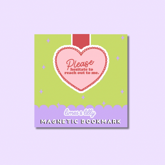 Magnetic bookmark with heart design and text on a light purple background