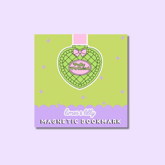 A square magnetic bookmark card with a lime green and lavender design, featuring a heart-shaped quilted ornament illustration with the text 'Polly Pothead' and 'limes & lily MAGNETIC BOOKMARK' at the bottom.