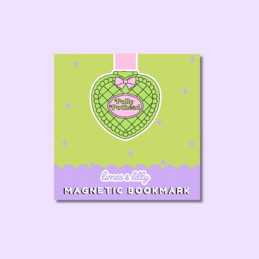 A square magnetic bookmark card with a lime green and lavender design, featuring a heart-shaped quilted ornament illustration with the text 'Polly Pothead' and 'limes & lily MAGNETIC BOOKMARK' at the bottom.