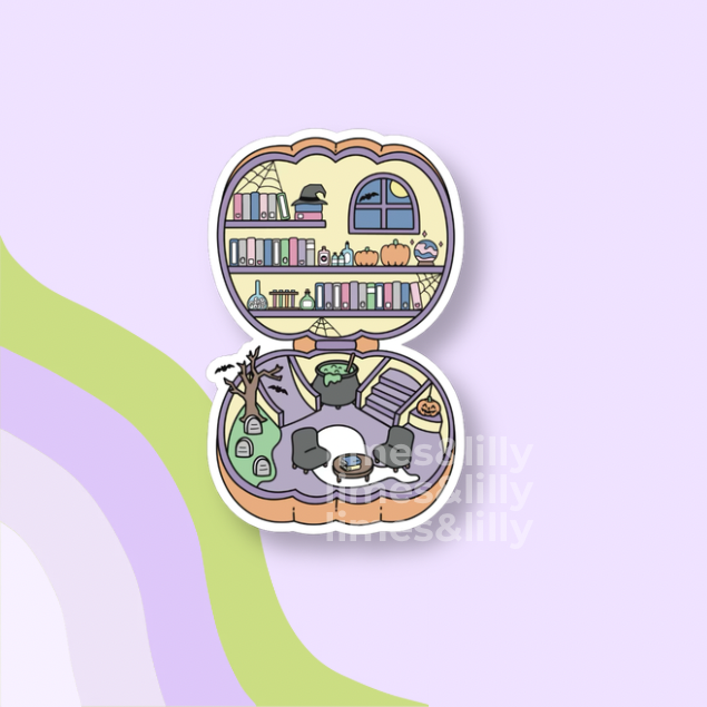A die-cut sticker featuring a whimsical illustrated bookcase shaped like a pumpkin, shown open to reveal shelves with books, a window, spiderwebs, a cauldron, tombstones, and a small garden. The sticker is centered on a pastel lavender background with curved green and white abstract waves and a faint 'sitesilly' watermark.