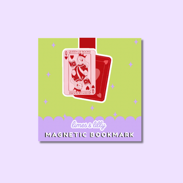 A square product card for a magnetic bookmark featuring an illustration of playing cards on a lime green background with a lavender bottom banner. The text reads 'limes lilly' and 'MAGNETIC BOOKMARK'.