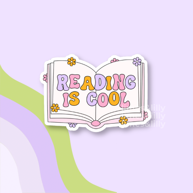 Sticker of an open book with 'Reading is Cool' text on a light purple background