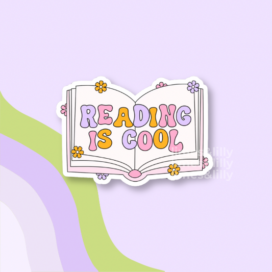 Sticker of an open book with 'Reading is Cool' text on a light purple background