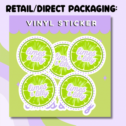 Set of vinyl stickers with 'limes & lilly' design on a green card.