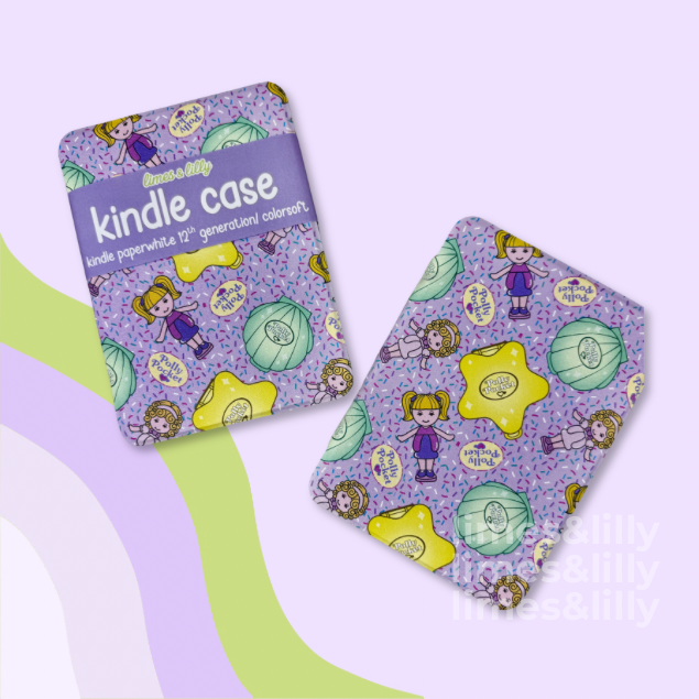 Purple kindle case with cartoon character design on a light purple background