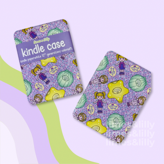 Purple kindle case with cartoon character design on a light purple background