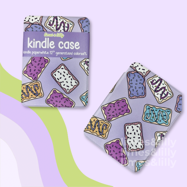 Kindle case with colorful cookie design on a light purple background