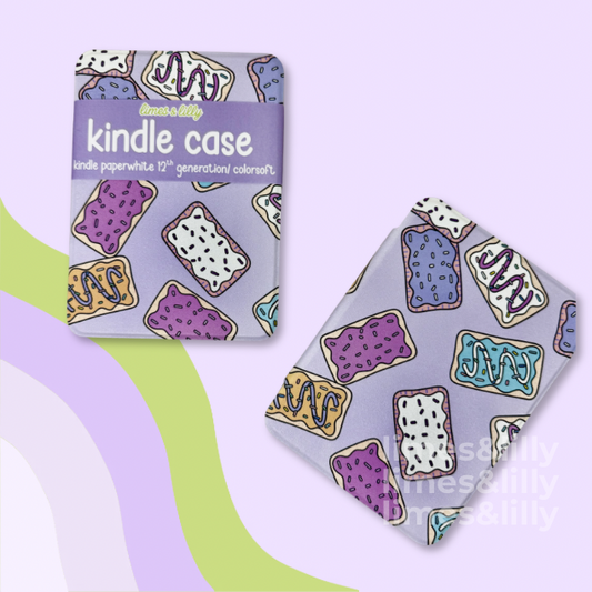 Kindle case with colorful cookie design on a light purple background