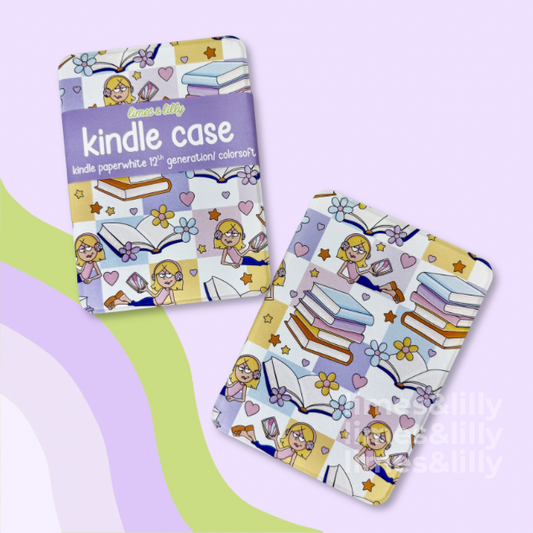 Colorful Kindle case with illustrations on a light purple background