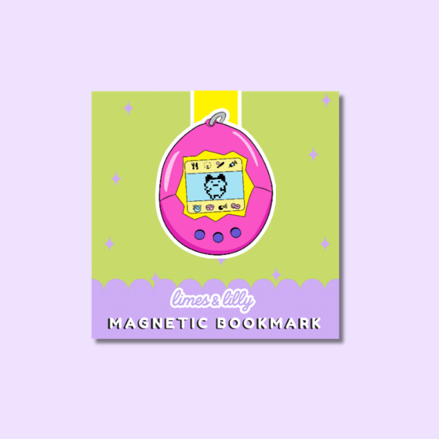 A square sticker-style magnetic bookmark with a pastel illustration of stacked books and a tissue box, plus the text 'CRYING OVER FICTIONAL CHARACTERS' and 'limes & lilly MAGNETIC BOOKMARK' on a light lavender background.