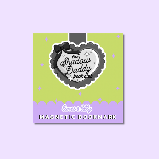 A square magnetic bookmark card for 'the Shadow Daddy book club' by limes & lily, featuring a lime green top section and a lavender bottom banner, shown on a light purple background.