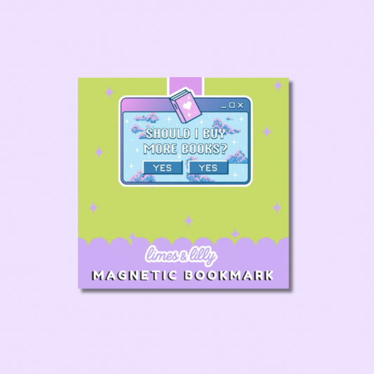 A square decorative magnetic bookmark card shown on a pale lavender background. The card has a lime green upper area with small star accents, a lavender lower band with scalloped trim, and a central illustrated pop-up window in pastel blue and purple reading “Should I buy more books? Yes Yes.