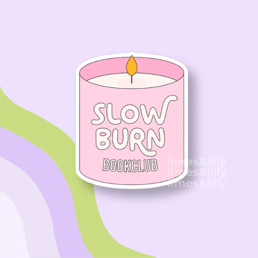 Pink candle-shaped book club sticker with 'Slow Burn Book Club' text on a light purple background.