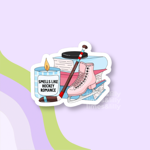 Sticker with ice skate, candle, and hockey puck on a light purple background