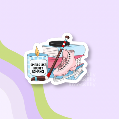 Sticker with ice skate, candle, and hockey puck on a light purple background