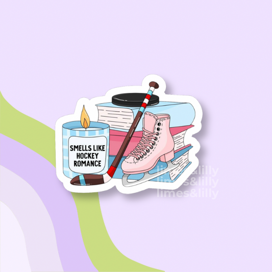 Sticker with ice skate, candle, and hockey puck on a light purple background