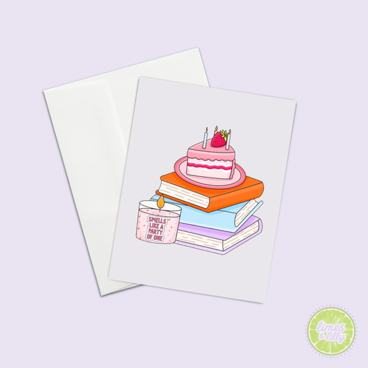 Greeting card with a cake illustration on a light purple background