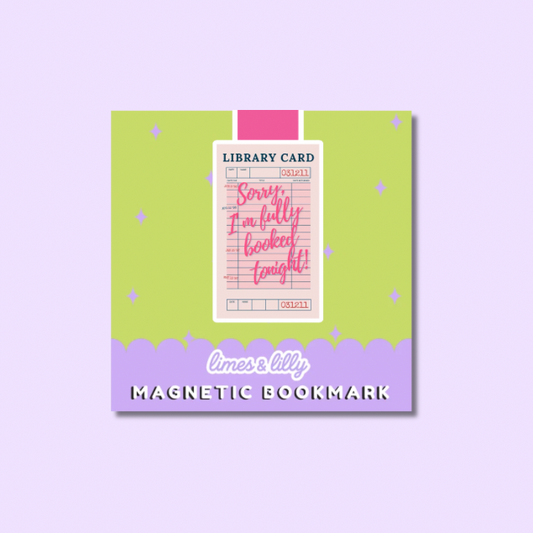 Magnetic bookmark with a library card design on a purple background