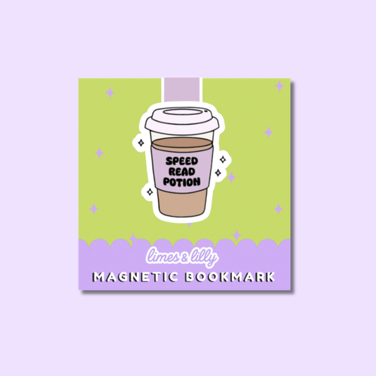 A square magnetic bookmark featuring a cartoon coffee cup with the words 'SPEED READ POTION' on a lime green background with a lavender bottom banner reading 'limes lilly MAGNETIC BOOKMARK'.