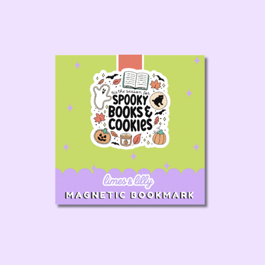 A square magnetic bookmark card for 'Spooky Books & Cookies' by limes & lily, featuring a lime green top half with a central white sticker illustration of Halloween-themed books and cookies, and a lavender bottom half with the text 'limes & lily MAGNETIC BOOKMARK'.