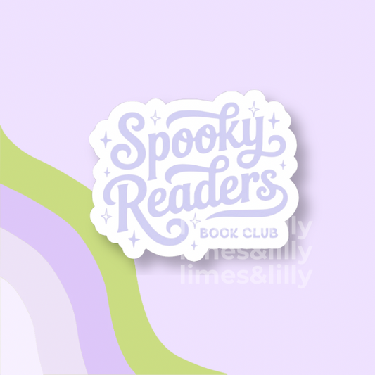 A die-cut sticker with the words 'Spooky Readers BOOK CLUB' in lavender script on a white background, shown on a pastel purple backdrop with abstract green and lavender curved shapes.