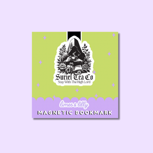 A square magnetic bookmark card for 'Sweet Tea Co' featuring a black and white illustration of a hooded figure on a lime green background with a lavender bottom banner reading 'limes lilly MAGNETIC BOOKMARK'.