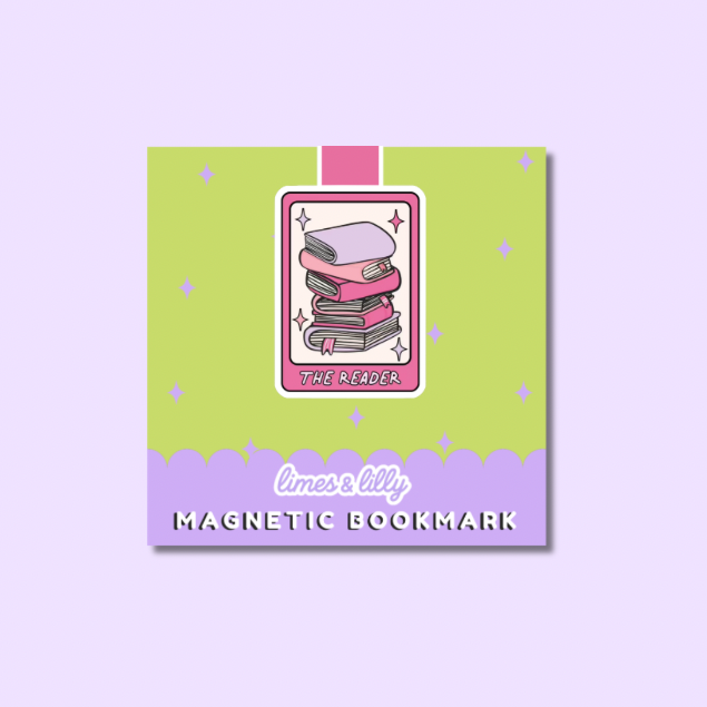 A square decorative product card for a magnetic bookmark, shown on a pale lavender background. The card features a lime green upper section with small star accents, a pink tab at the top, and a lavender lower section with scalloped trim.