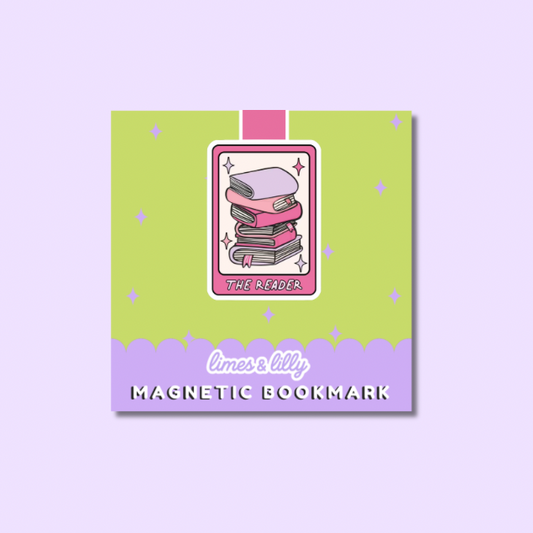 A square decorative product card for a magnetic bookmark, shown on a pale lavender background. The card features a lime green upper section with small star accents, a pink tab at the top, and a lavender lower section with scalloped trim.