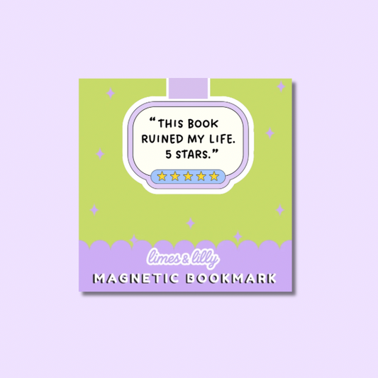 Magnetic bookmark with humorous text on a purple background