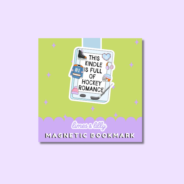 A square magnetic bookmark with a light green top section and a lavender bottom banner. The center features a white card with the text 'THIS KINDLE IS FULL OF HOCKEY ROMANCE' surrounded by small hockey-themed illustrations.