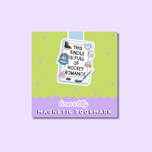 A square magnetic bookmark with a light green top section and a lavender bottom banner. The center features a white card with the text 'THIS KINDLE IS FULL OF HOCKEY ROMANCE' surrounded by small hockey-themed illustrations.