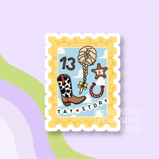 Illustrated postage stamp design with cowboy boot, braided hair, number 13, and 'Tay Story' text on a light purple background.