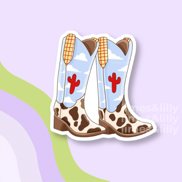 Cartoon cowboy boots with a blue sky and red boots on a light purple background