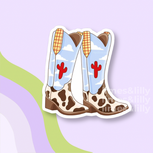 Cartoon cowboy boots with a blue sky and red boots on a light purple background