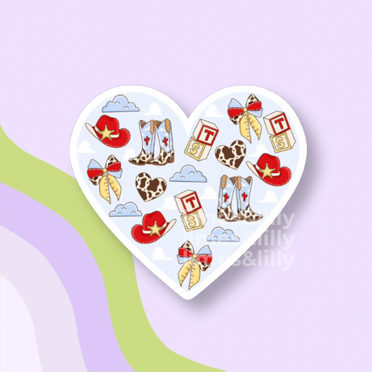Heart-shaped card with cowboy-themed illustrations on a light purple background