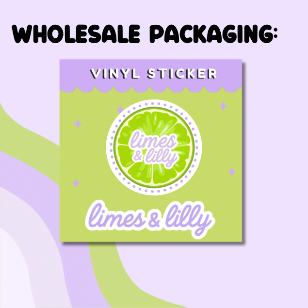 Vinyl sticker packaging with 'limes & lilly' branding on a purple and green background