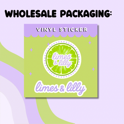 Vinyl sticker packaging with 'limes & lilly' branding on a purple and green background