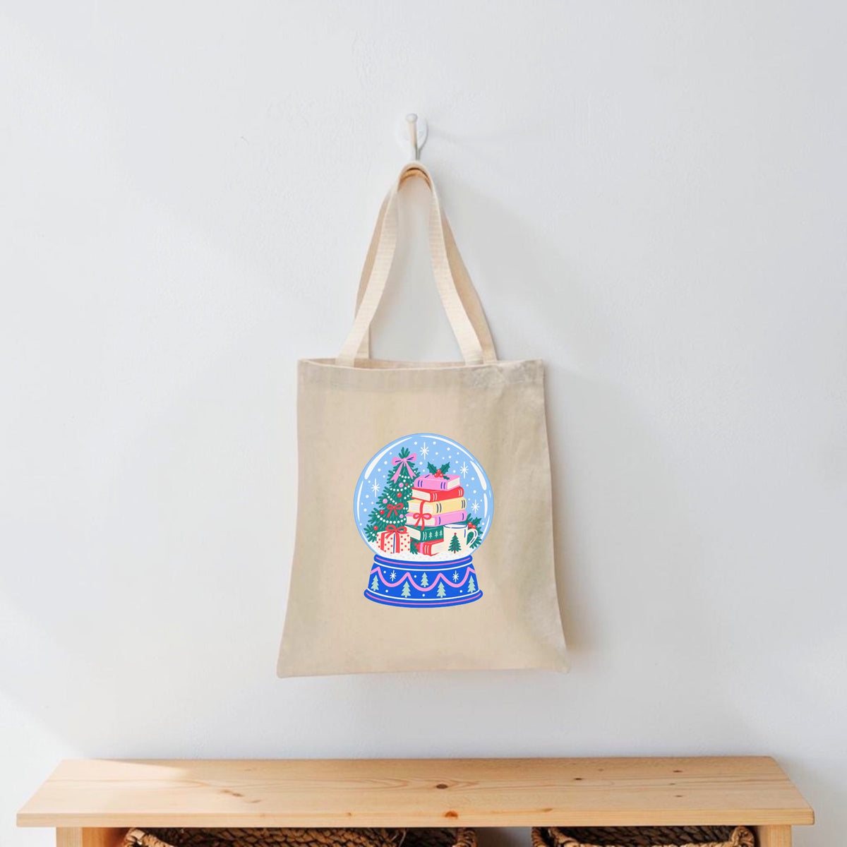 Christmas book snow globe bookish tote bag for readers