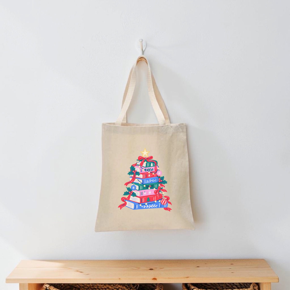 Christmas tree book stack bookish tote bag