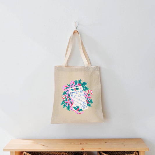 Holiday library card bookish tote bag for readers