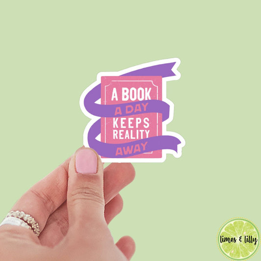 A book a day keeps reality away sticker, book stickers, kindle, laptop, bookstagram, spicy romance bookish sticker, pink book