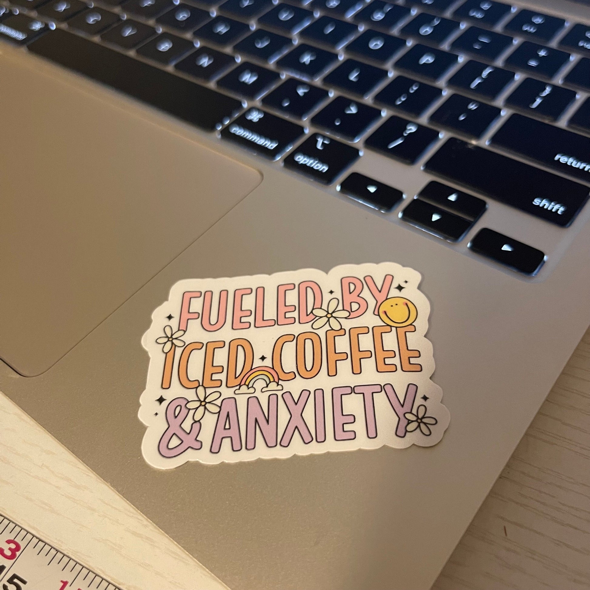 Fueled by ice coffee and anxiety sticker, mental health, bookish stickers, kindle, laptop, book stickers, decal, water bottle,