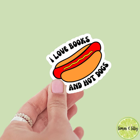 I Love Books and Hot Dogs Vinyl Sticker, book stickers, kindle stickers, laptop, foodie, bookish stickers, decal,water bottle, fair food