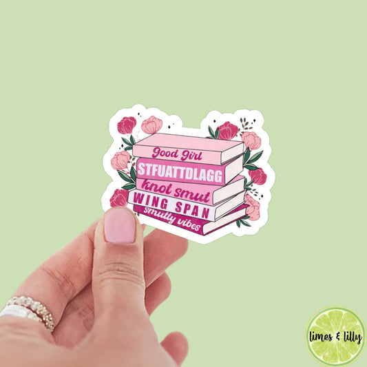 Coquette Bow Floral Book Stack Sticker | bookish stickers, book lover, book stickers, kindle, laptop, romance reader | Romance Tropes