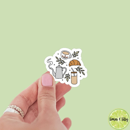 Cafe Iced Coffee Croissant Pastries Sticker | Vinyl Decal | Kindle Stickers | Bookish Stickers | Water Bottle Sticker