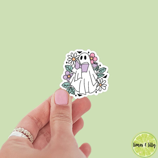 Reading Ghost Book Lover Floral Sticker | Water Bottle Sticker | Bookish Stickers