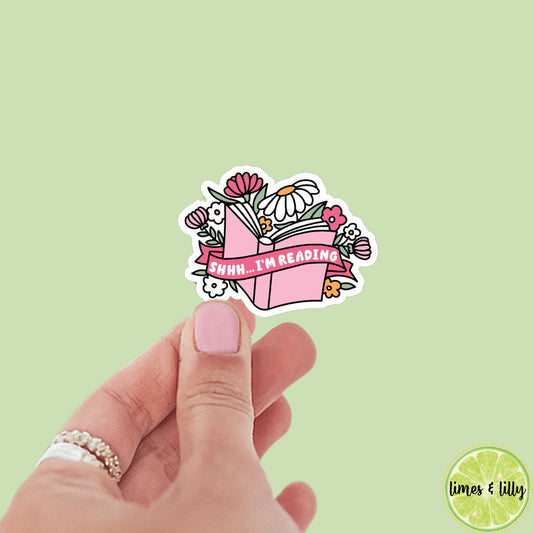 Shhh… I’m Reading Floral Book Sticker | Open Book | Flowers | Kindle Stickers | Bookish Stickers | Water Bottle Sticker